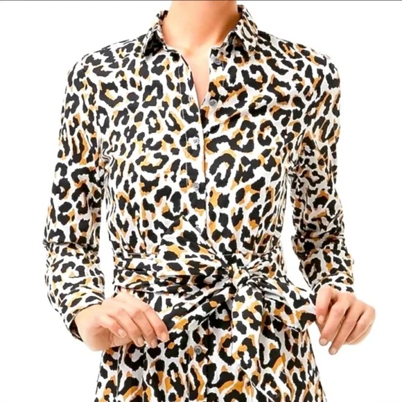 J.Crew Factory Leopard Print Tie Waist Shirt Dress Cotton Poplin Size 10 NEW - Picture 2 of 12